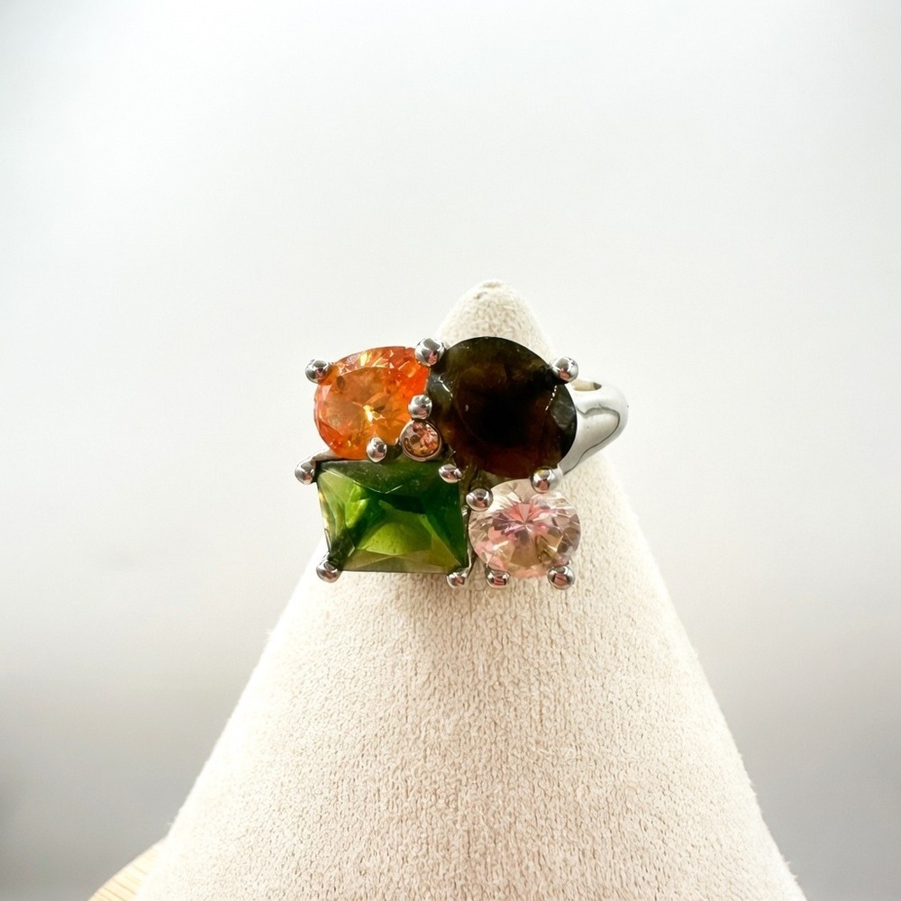 VTG Avon Multi Color Stone Cluster Cocktail Ring Silver Tone Earthy Adjustable 8